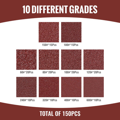 WORKPRO 150 PCS 5 Inch Sanding Discs, Hook and Loop Sandpaper Set, 10 Assorted Grits Including 60, 80, 100, 120, 150, 180, 240, 320, 400, 600, Round Sander Pads for Random Orbital Sander