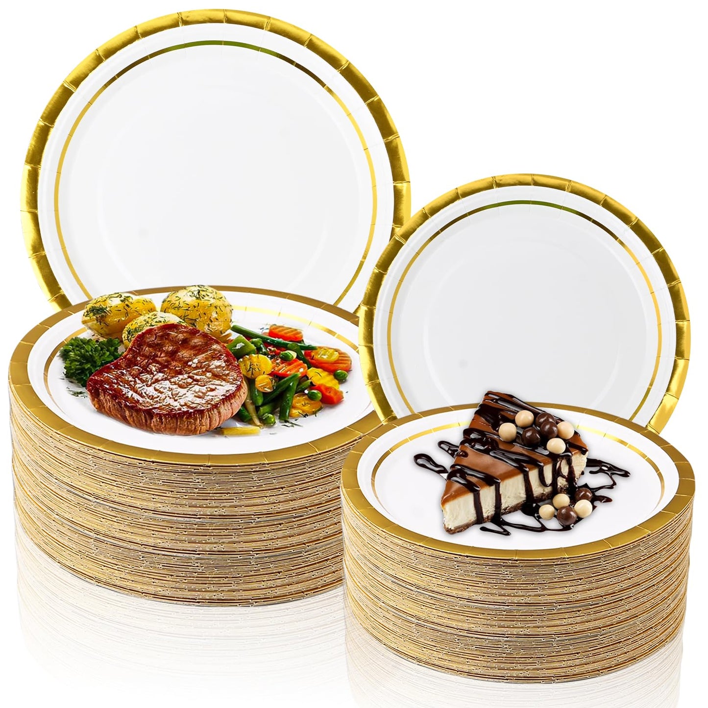 100 Pieces Gold Rimmed Plates Bulk, Heavy Duty Disposable Paper Plates Round Party Plates, 9 Inch Dinner Plates & 7 Inch Dessert Plates for Wedding, Birthday, Baby Showe