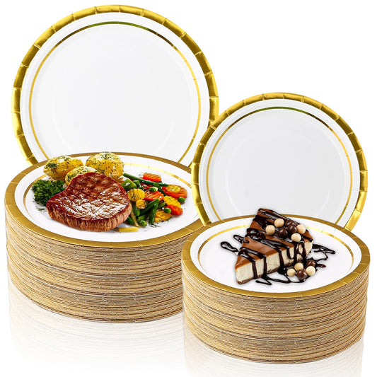 100 Pieces Gold Rimmed Plates Bulk, Heavy Duty Disposable Paper Plates Round Party Plates, 9 Inch Dinner Plates & 7 Inch Dessert Plates for Wedding, Birthday, Baby Showe