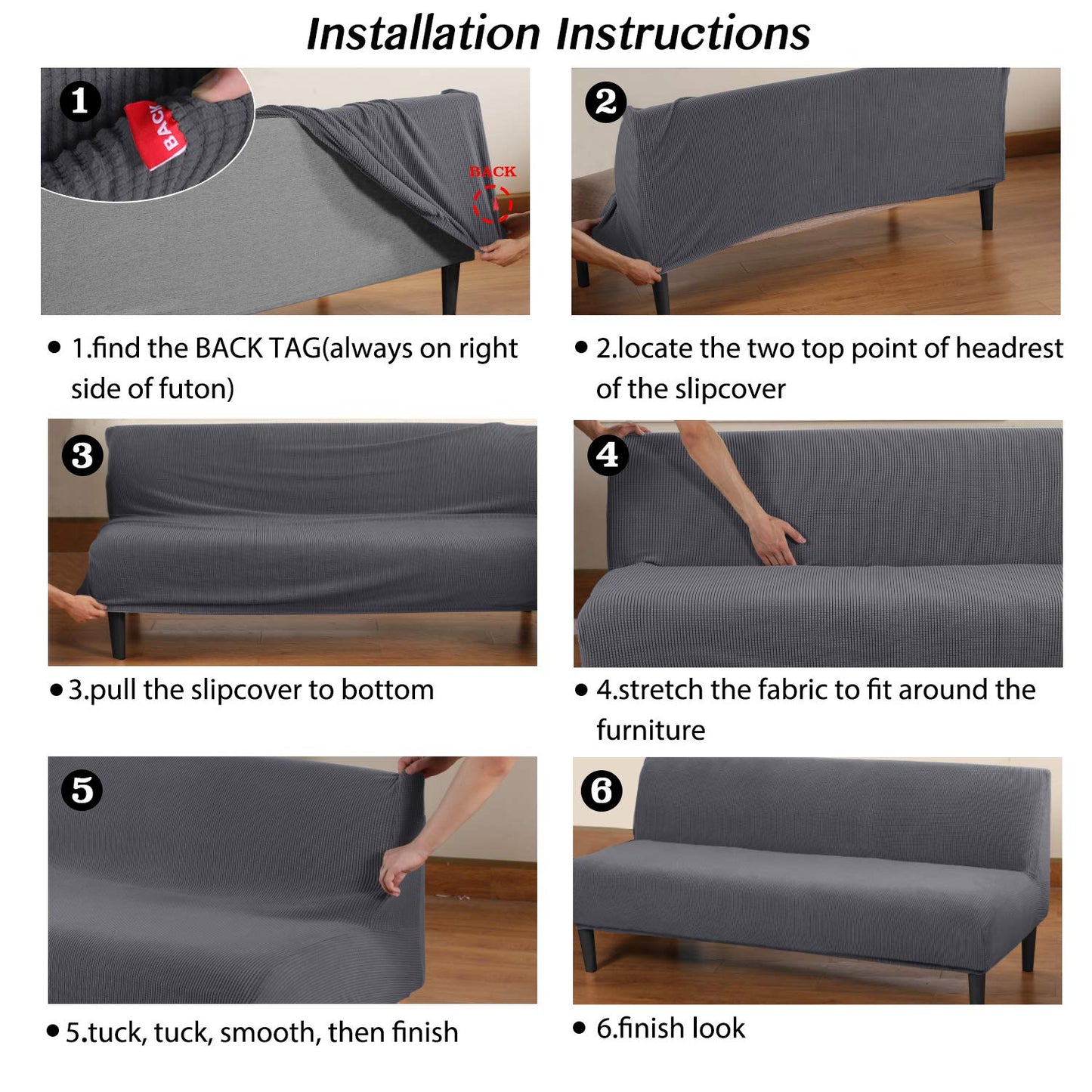 Turquoize Futon Cover Stretch Armless Sofa Slipcover Spandex Non Slip Soft Couch Sofa Cover Without Arms Futon Slipcovers for Living Room Furniture Protector with Elastic Bottom, Charcoal Gray