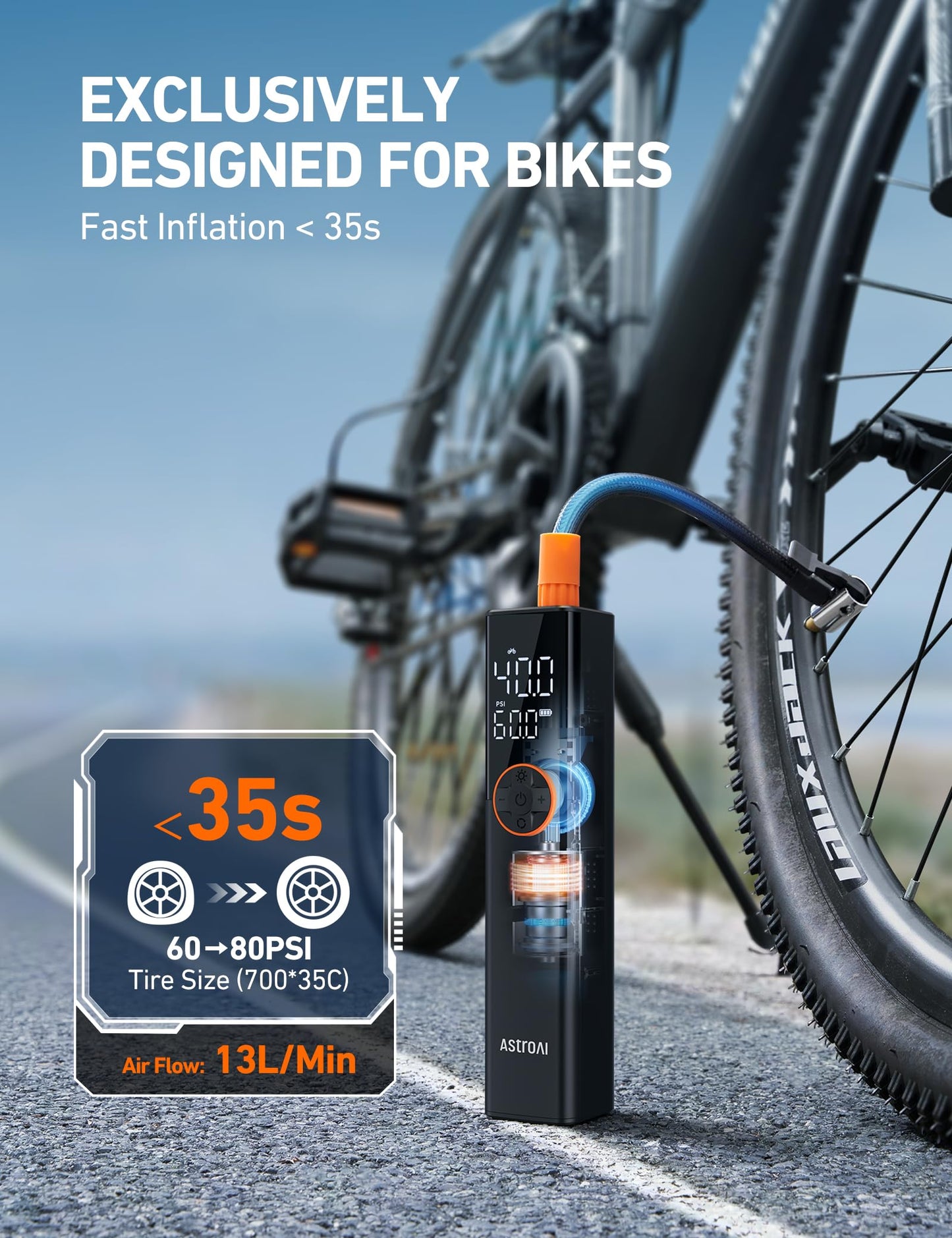 AstroAI L8 Electric Bike Pump, Portable Bicycle Tire Inflator with Pressure Gauge and Auto Shut-Off, 150 PSI Powerful Motor Mini Air Pump for Road, Mountain & E-Bike with Presta and Schrader Valves