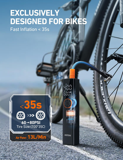 AstroAI L8 Electric Bike Pump, Portable Bicycle Tire Inflator with Pressure Gauge and Auto Shut-Off, 150 PSI Powerful Motor Mini Air Pump for Road, Mountain & E-Bike with Presta and Schrader Valves