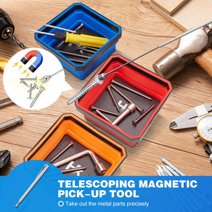 Collapsible Magnetic Trays, 4 Pack Foldable Silicone Magnetic Tool Trays for Small Metal Parts, Bolts, Screws, Nuts, Washers, with Telescoping Magnetic Pick-Up Tool, 4.5in Square