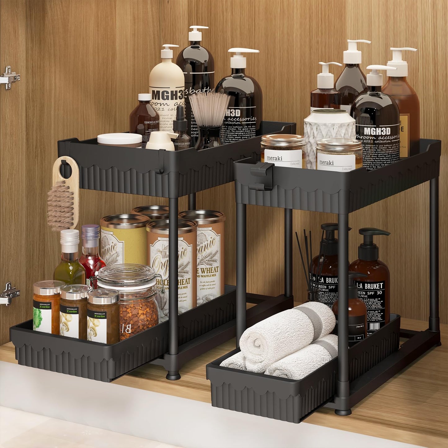 Sevenblue 2 Pack Under Sink Organizer and Storage, 2 Tier Sliding Bathroom Organizers, Multi-Use Under Sink Organizer for Bathroom and Kitchen,Black…