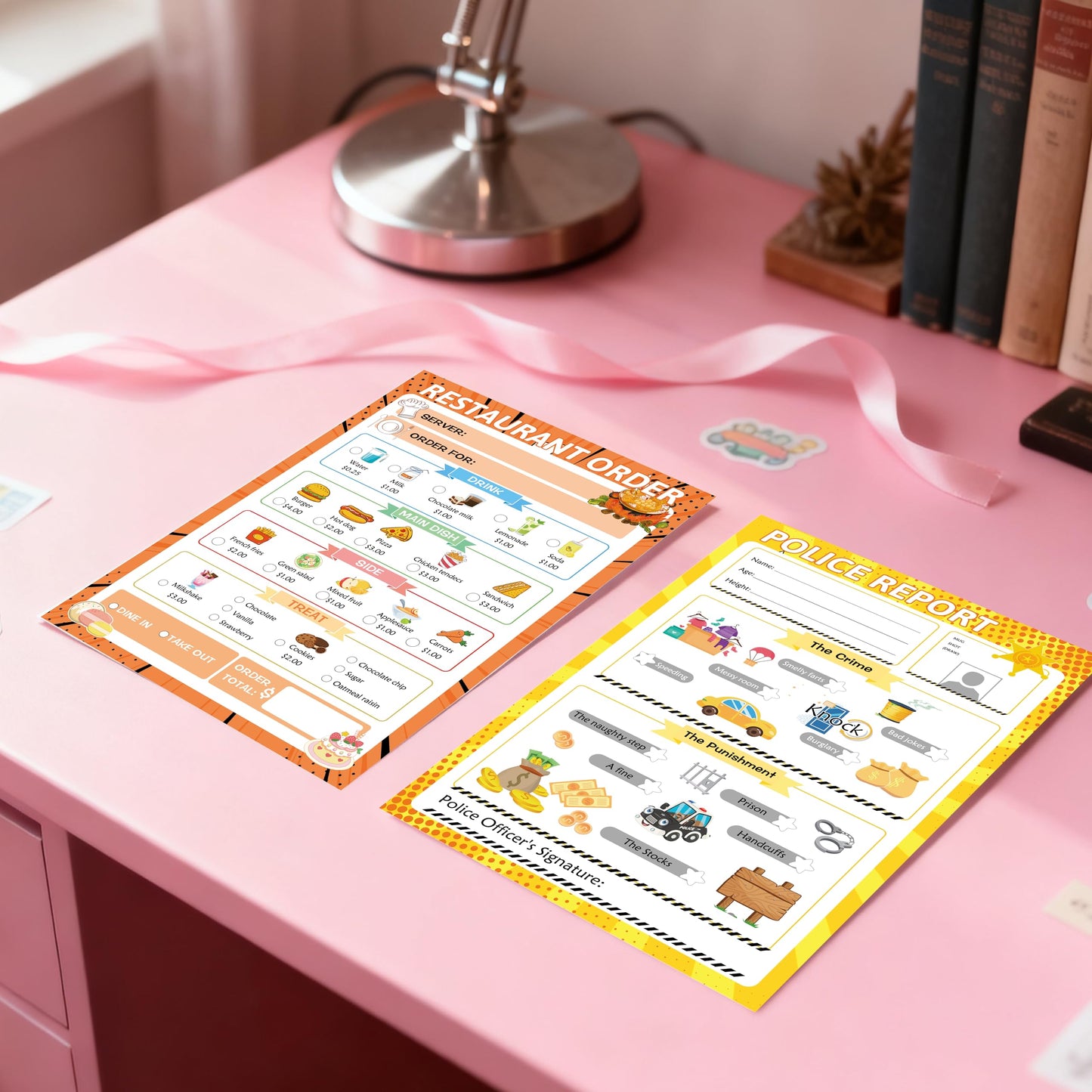 Pretend Play Notepads 6 Pack Playtime Pads Pretend Notebooks Imaginative Restaurant Doctor Police Vet Dentist Role Play Game Notepads for Boys & Girls