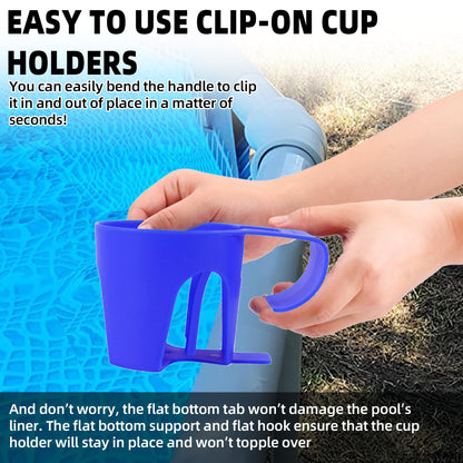 (6-Pack) Poolside Cup Holders for Above Ground Pools (Blue) - Compatible with Above Ground Pools with 2 Inches or Thinner Round Top Bars - Strong and Durable Easy to Use Clip-On No-Spill Cup Holders