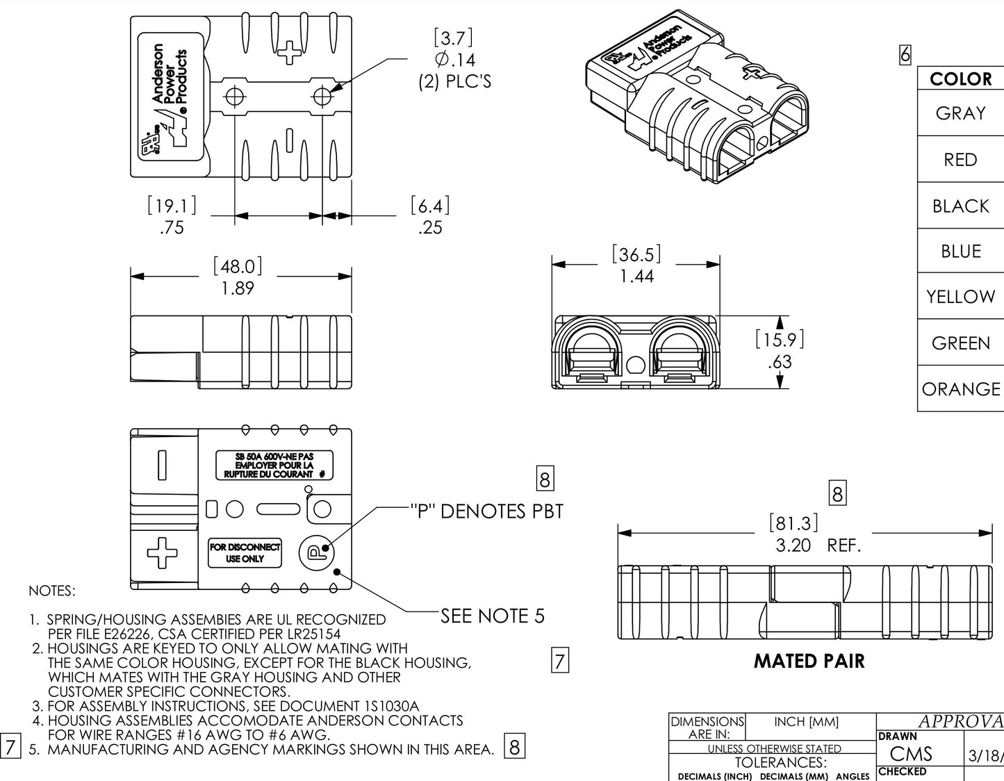 Anderson Power Products SB50 Connector Kit, 50 Amps, 36V Gray Housing, w/ 6 AWG, 6319 (Pair)