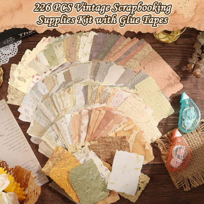 226 Sheets Textured Scrapbook Paper Kit with Photo Tapes, Vintage Scrapbooking Supplies Craft Paper for Junk Journal Supplies Planner Mixed Collage Materials Embellishments