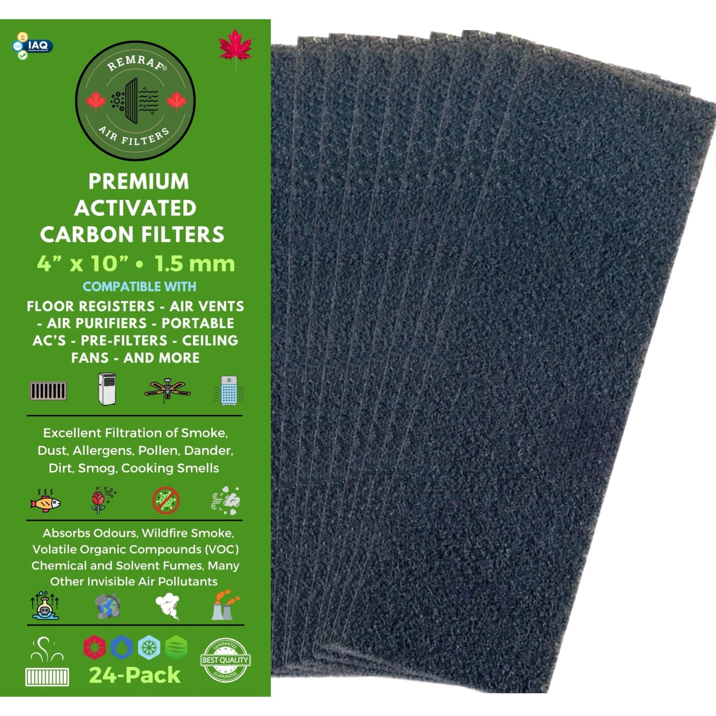 REMRAF Air Vent Filters, 4"x10 24-Pack Vent Filters, Activated Carbon Air Filters for Home, Floor Vents Registers, Diffusers, Air Purifiers. AC, Pre-Filters. Fits 10"x4"-10"x3"-10"x2" Vents. 1.5mm