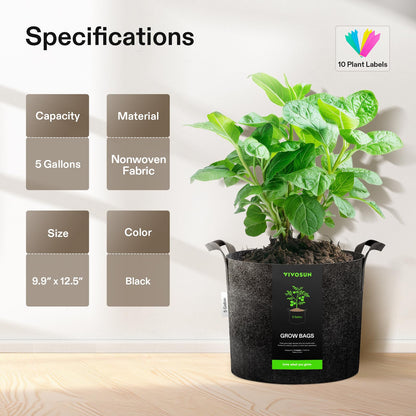 VIVOSUN 10-Pack 5 Gallon Grow Bags Heavy Duty 300G Thickened Nonwoven Plant Fabric Pots with Handles