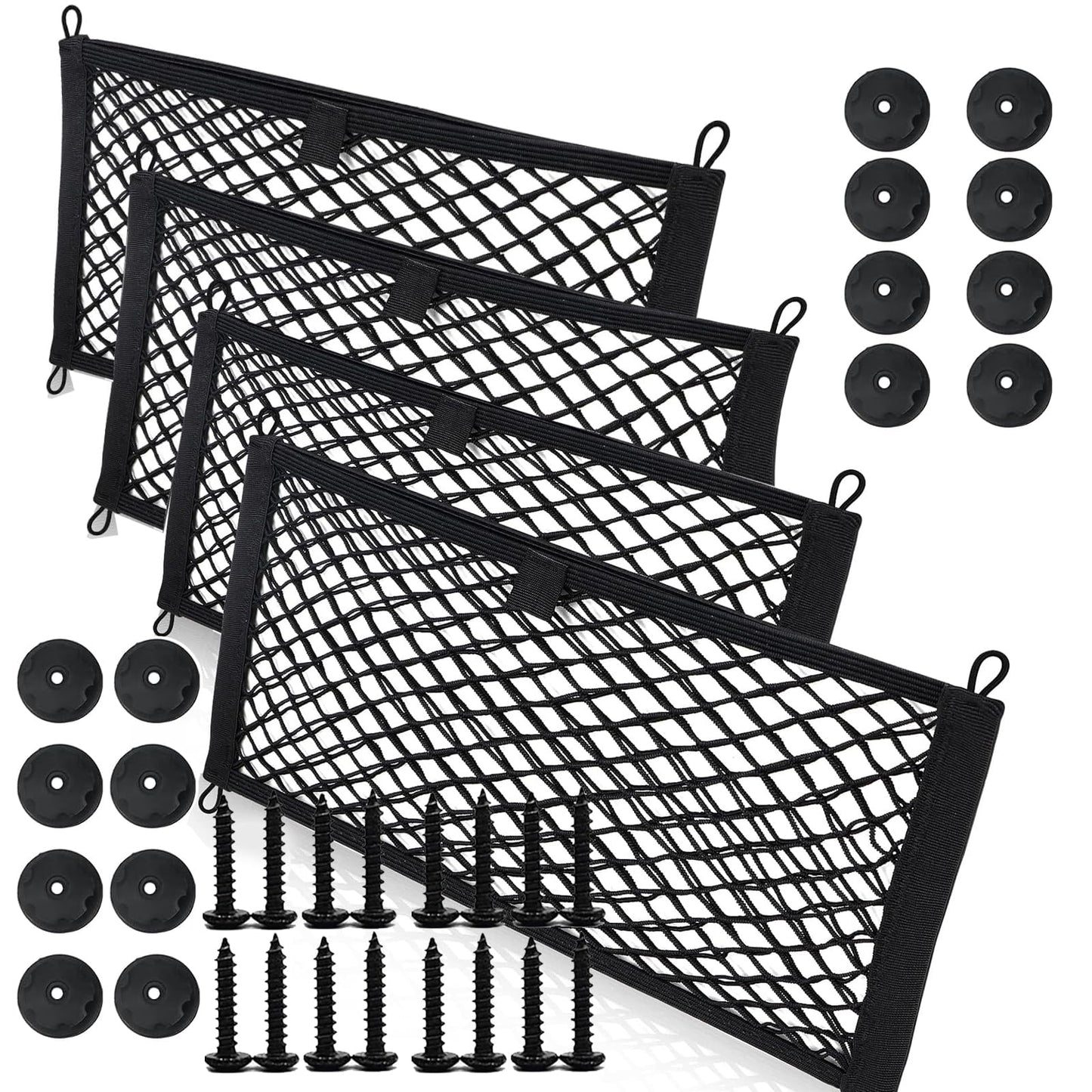 4 Pack Car Storage Net Bag (23.6 * 9.8inch),Nylon Net Double Layer Elastic,Large Mesh Cargo Net for Trunk, RV, Boats Storage Mesh Pocket Net with Mounting Screw and Builtin Hooks