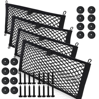 4 Pack Car Storage Net Bag (23.6 * 9.8inch),Nylon Net Double Layer Elastic,Large Mesh Cargo Net for Trunk, RV, Boats Storage Mesh Pocket Net with Mounting Screw and Builtin Hooks