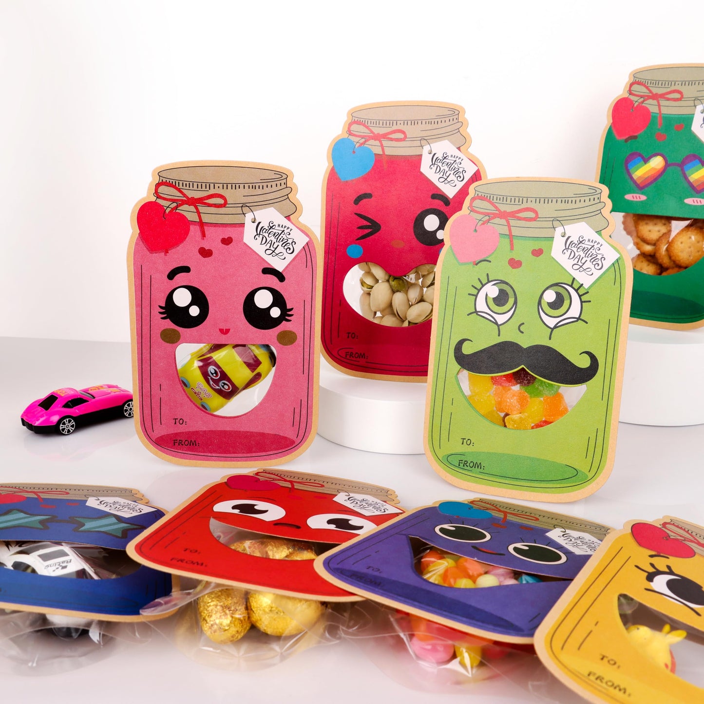 POPGIFTU Valentines Day Cards – 48 Pack Funny Face Mason Jar Valentine Cards with Treat Bags, Exchange Cards for Valentines Day (Candy Not Included)