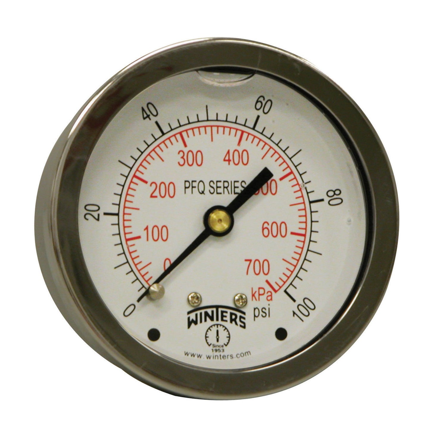 Winters PFQ Series Stainless Steel 304 Dual Scale Liquid Filled Pressure Gauge with Brass Internals, 0-100 psi/kpa,2-1/2" Dial Display, +/-1.5% Accuracy, 1/4" NPT Center Back Mount