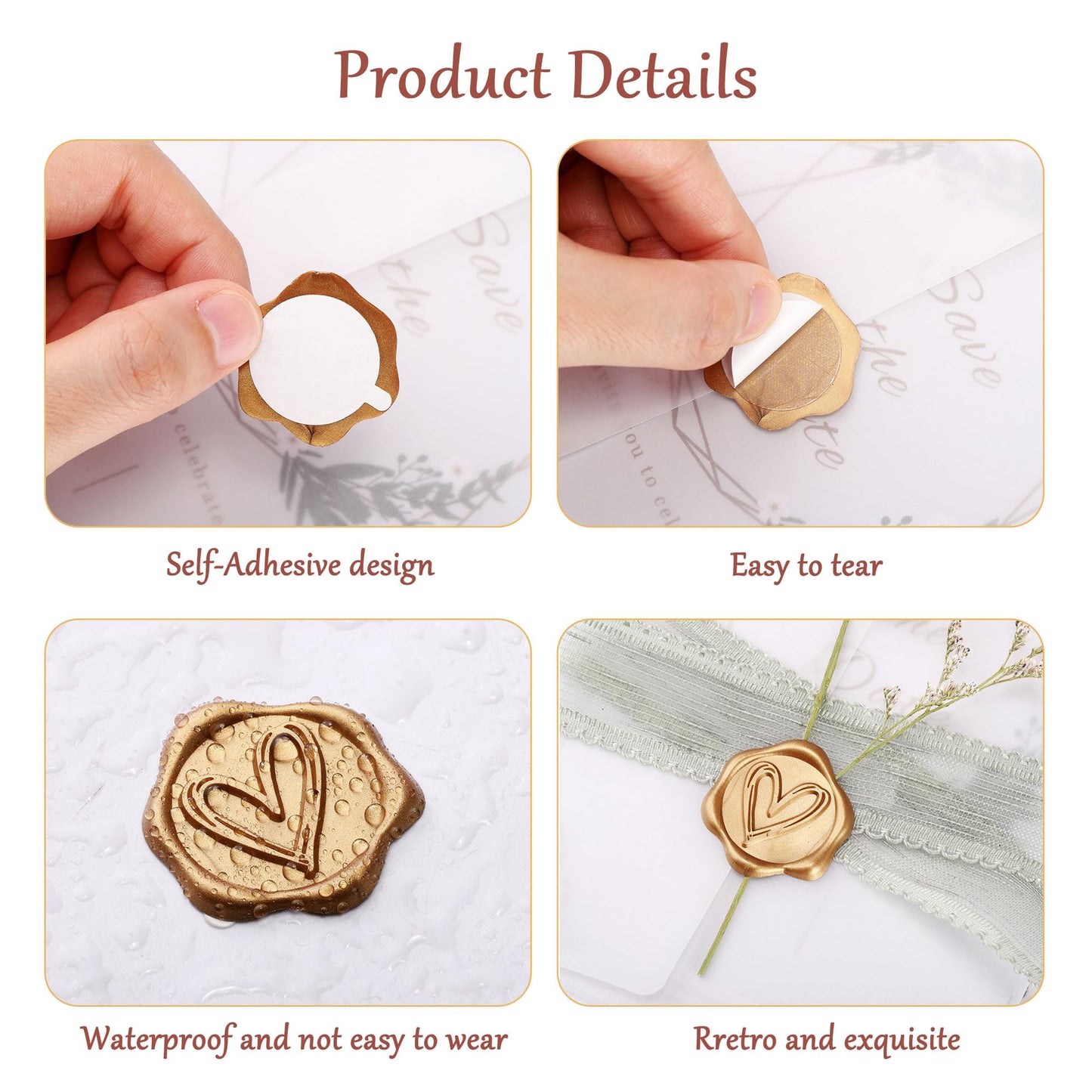 Yoption Bronze Gold Heart Wax Seal Stickers, 50 Pack, Waterproof, Retro, Heart Stickers for Wedding Invitations, Party Invitations, Cards, Gift Wrapping, Envelopes