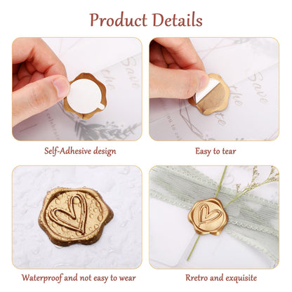 Yoption Bronze Gold Heart Wax Seal Stickers, 50 Pack, Waterproof, Retro, Heart Stickers for Wedding Invitations, Party Invitations, Cards, Gift Wrapping, Envelopes