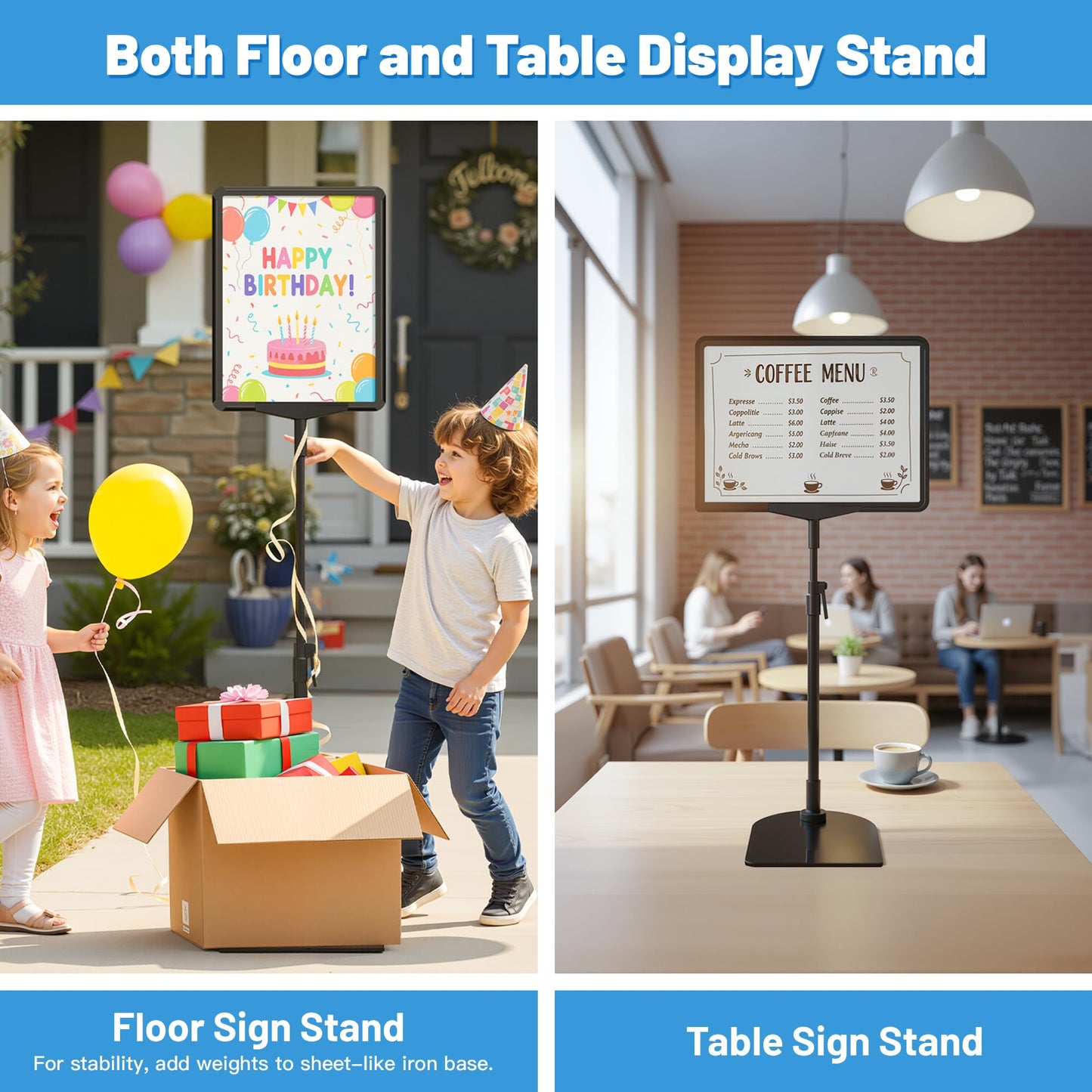 VAIIGO Sign Holder Stand 8.5 x 11, Adjustable Poster Stand for Table Top & Floor, Metal Signage Display Stands, Floor Standing Sign Holder for Advertisement, Tradeshow, Store, Business, 2 Pack