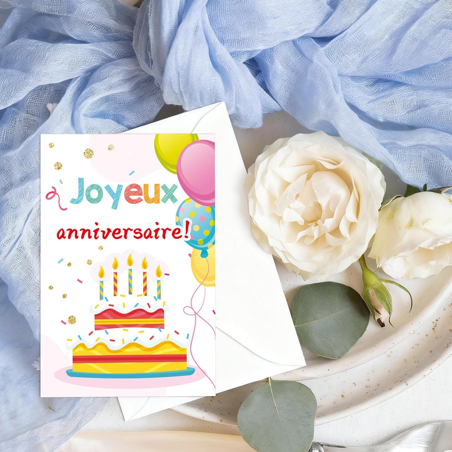 Well Tile 24 Pack French Birthday Cards with Envelopes and Stickers 4x6 Inch-Birthday Thank You Cards Joyeux anniversaire Greeting Cards for Birthday Party Holiday Baby Shower, Christmas