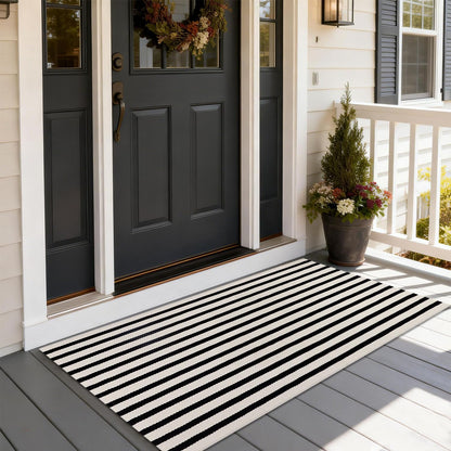 Rustaa Black and Beige Front Door Mat Outdoor Cotton Welcome Mat Outdoor Farmhouse Layered Mat Washable Stripe Outdoor Mats for Entrance Front Door Porch Balcony(2x4.2ft)