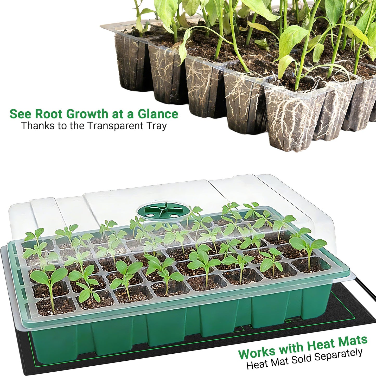 5 Pack Seed Starter Trays with Ventilation Holes - Reusable Seedling Starter Kit for Vegetables, Herbs, Flowers - Plant Germination & Seed Starting (40 Cells Per Tray, Total 200 Cells), Green