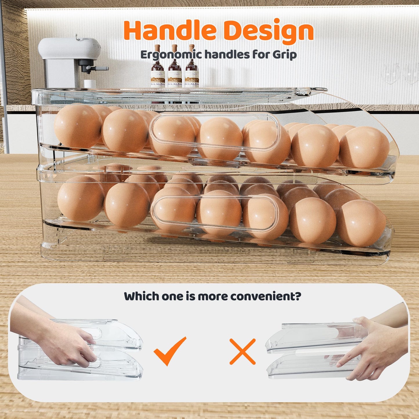 SMRCAD Egg Holder for Fridge, Automatic Stable Rolling Egg Dispenser with Handle & Silicone Pad for Refrigerator, Large Capacity Egg Organizer with Lid