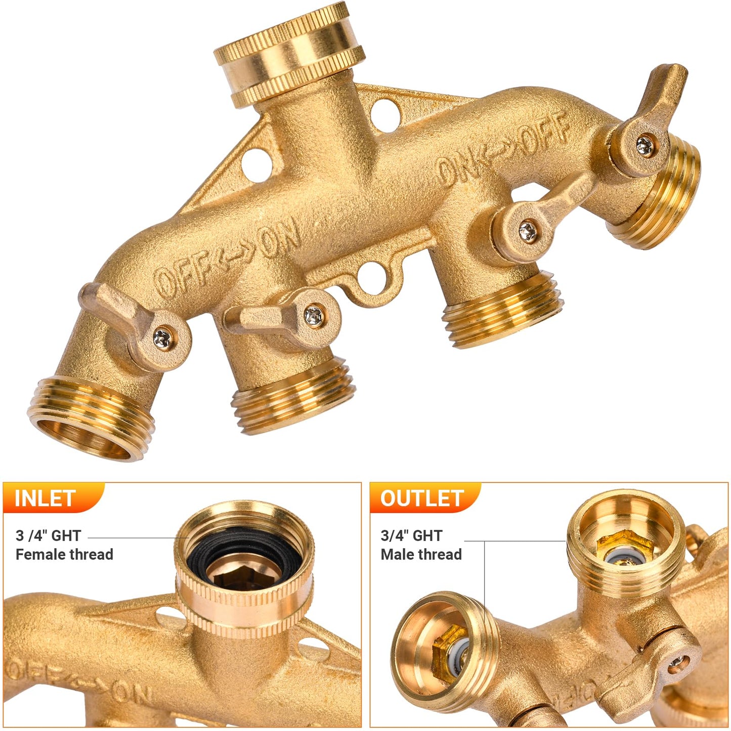 XIBETEO 4 Way Garden Hose Splitter 3/4" GHT Heavy Duty Solid Brass Garden Hose Splitter Hose Spigot Adapter with 4 independently Controlled valves 8 Washers for Garden, Home Life, Household Use