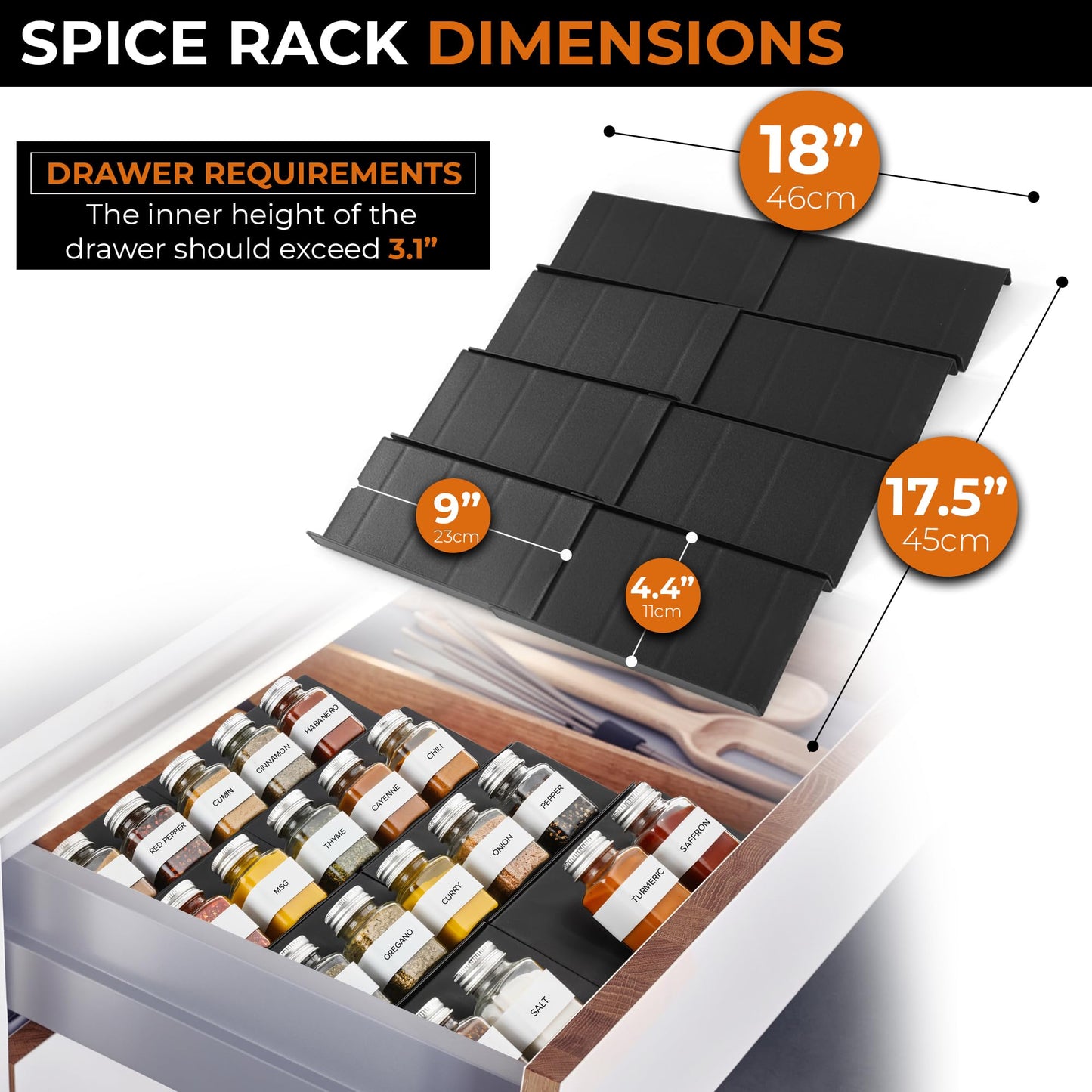 ALCOVA Expandable Spice Drawer Organizer - Adjustable 4 Tier Drawer Spice Organizer Tray Insert for Efficient Spice Organization in Drawer