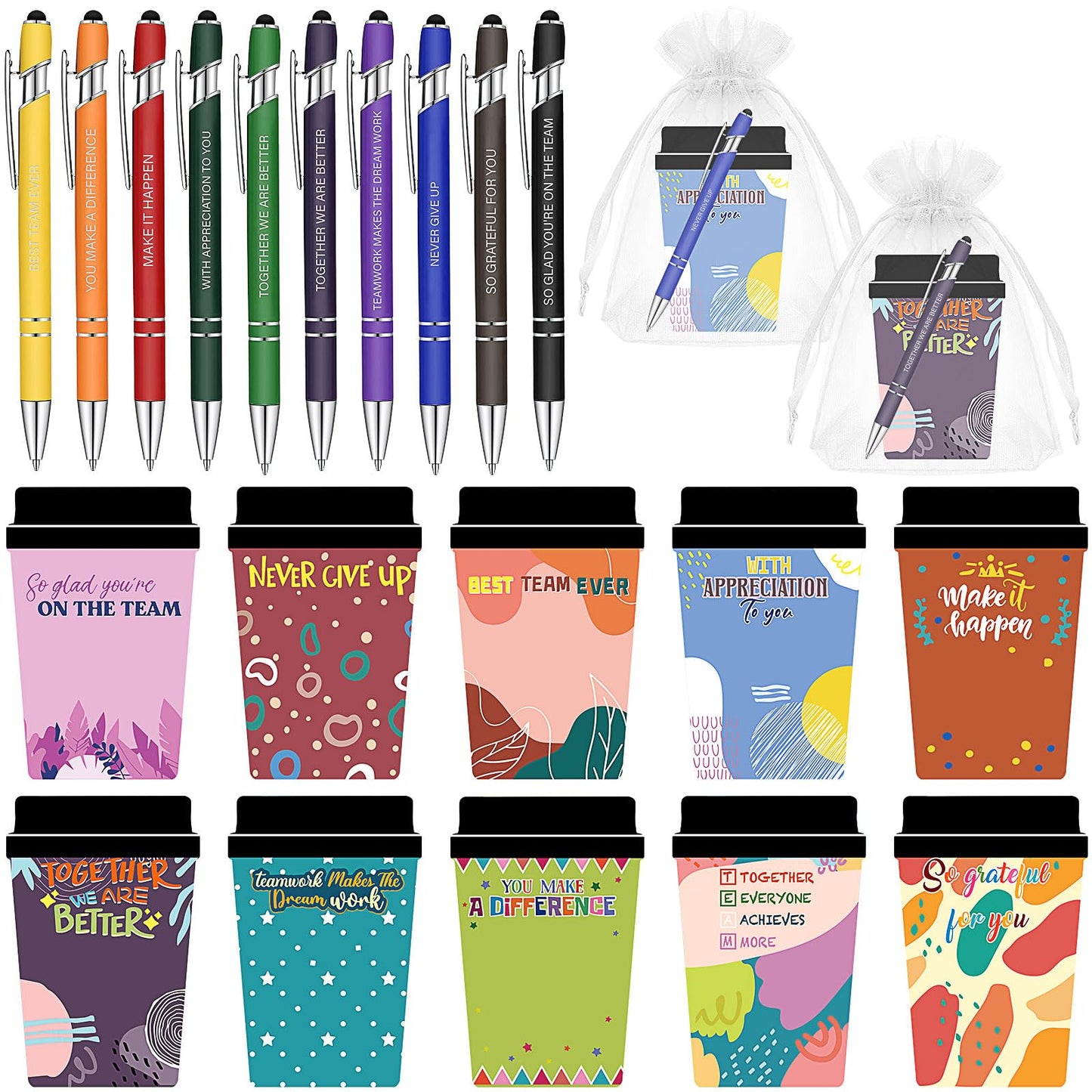 30 Sets Employee Coffee Cup Notepads Employee Appreciation Gifts Bulk Inspirational Sticky Notes with Ballpoint Pens and Organza Bags Thank You Gifts for Coworker Teacher Staff Office School