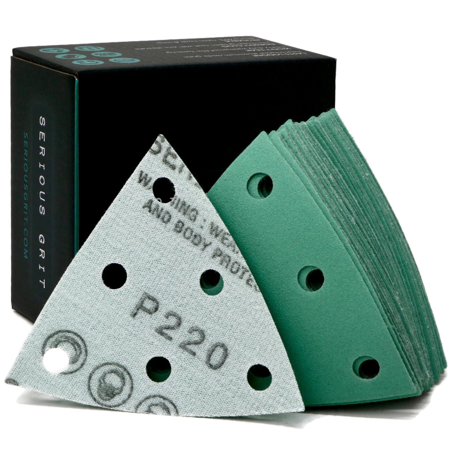 Serious Grit - 3.5" (93mm) 6-Hole 220 Grit Triangle Sanding Sheets - Fits Festool Rotex RO 90 Delta - Heavy-Duty Hook & Loop Film Disc Abrasives - Sandpaper for Detail Sanders - 50 Pack Box