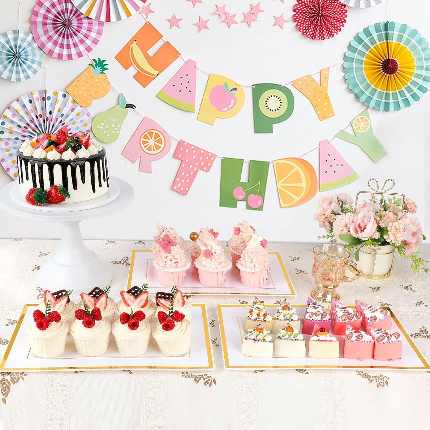 12 Pcs White Plastic Serving Trays with Gold Rim, 14''x9'' Rectangle Dessert Trays for Dessert Table, Disposable Platters Cookie Cupcake Gold Serving Tray for Birthday Party Wedding