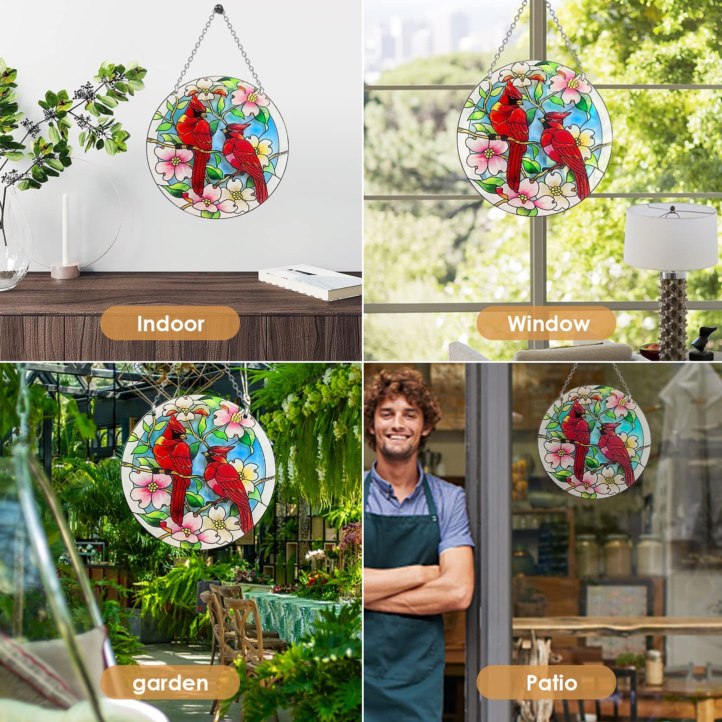 Cardinal Stained Glass Window Hanging - Cardinal Gifts for Women, Red Birds Suncatchers for Windows, American Glass Hanging Ornament, Hand Painted Glass for Birds Lover, Window