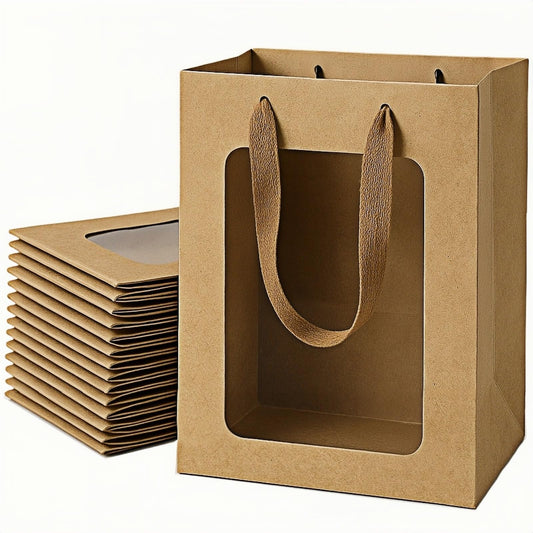 VAGREEZ Gift Bags with Window 15 Pack, Reusable Medium Kraft Paper Bags with Handles, 9.8x5.1x7.1inch in Assorted Colors and Bulk Pack for Party Favors, Wedding, Birthday, Bakery and Small Business - Brown