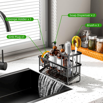 Cisily Extra Large Kitchen Sink Caddy Organzier with High Brush Holder, Sponge Holder for Sink, 304 Rustproof Stainless, Kitchen Countertop Soap Dispenser Organizer, Kitchen Decor and Accessories
