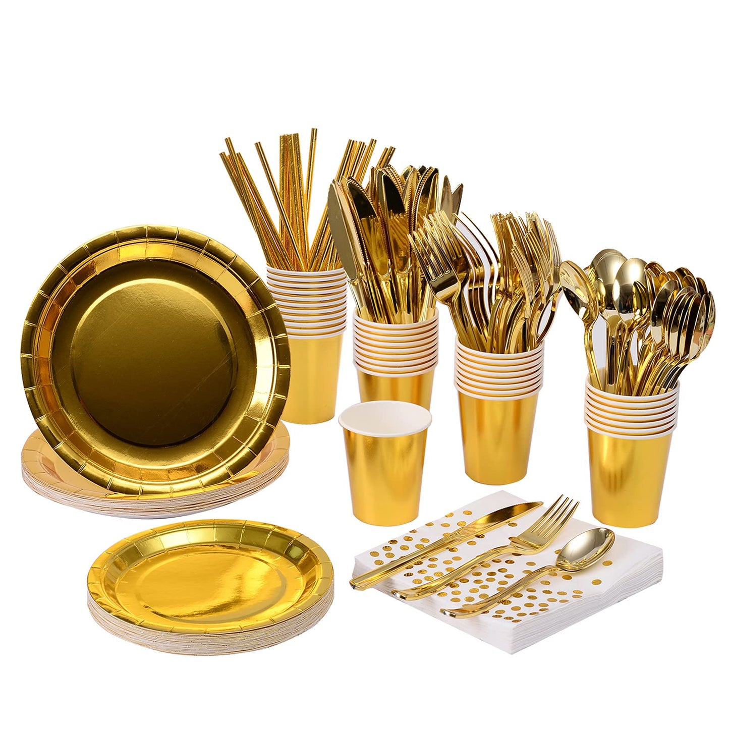 200Pcs Solid Gold Party Supplies - Gold Paper Plates & Napkins Cups Silverware Serves 25 Sets for Wedding Bridal Shower Engagement Birthday Parties (Gold)