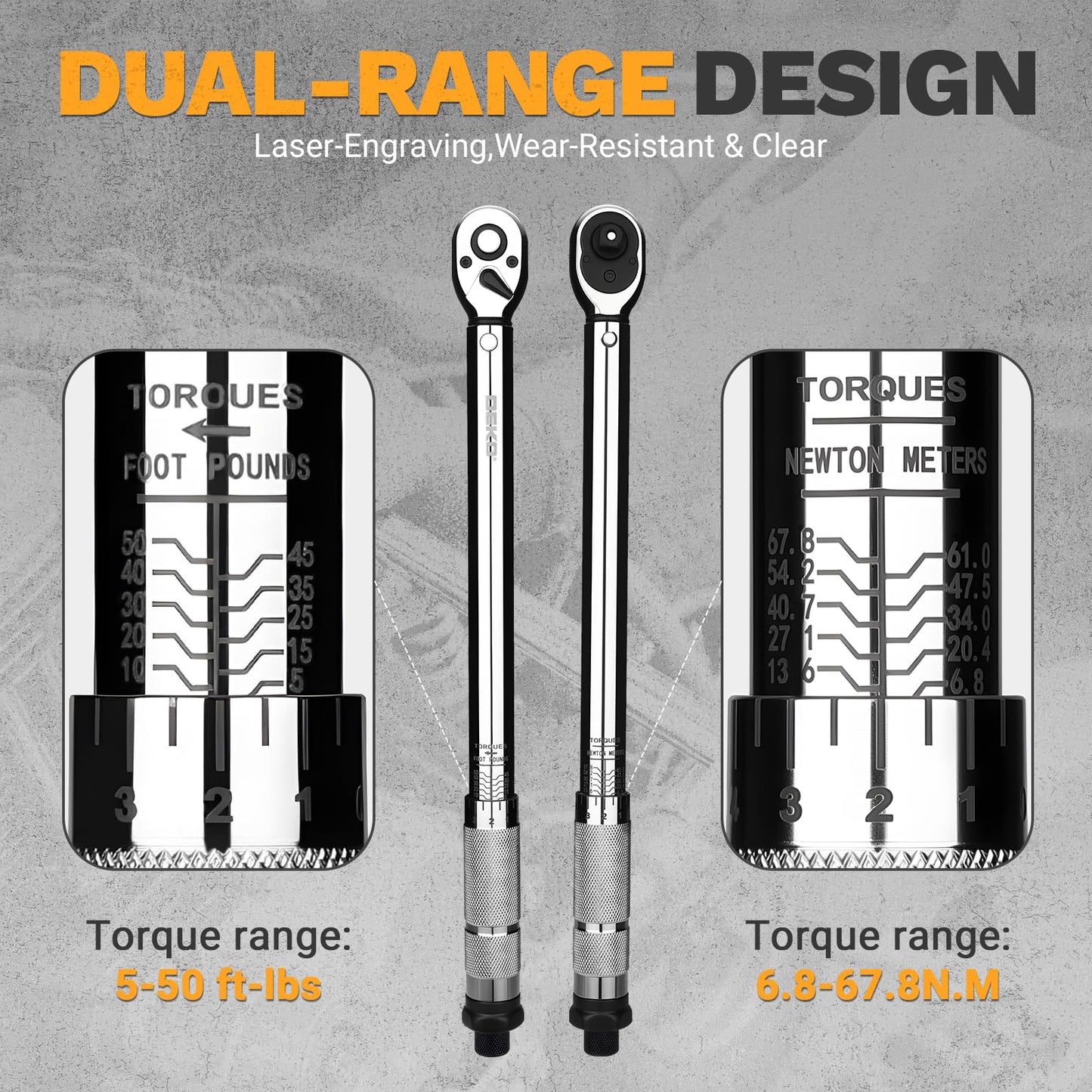DEKOPRO 3/8 Inch Drive Dual-Direction Torque Wrench, 5-50 Ft-Lb & 6.8-67.8 Nm Range, ±3% Precision, 72-Tooth Chrome Vanadium Ratchet, 14.5inches Anti-Slip Matte Handle