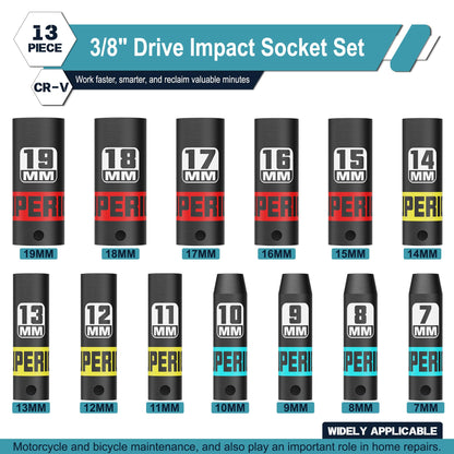 Aiourx 13 Piece 3/8" Drive Impact Socket Set, 7 mm-19 mm Deep Socket, Metric, 6-Point CR-V Steel, Automotive, Machinery, and Equipment Maintenance