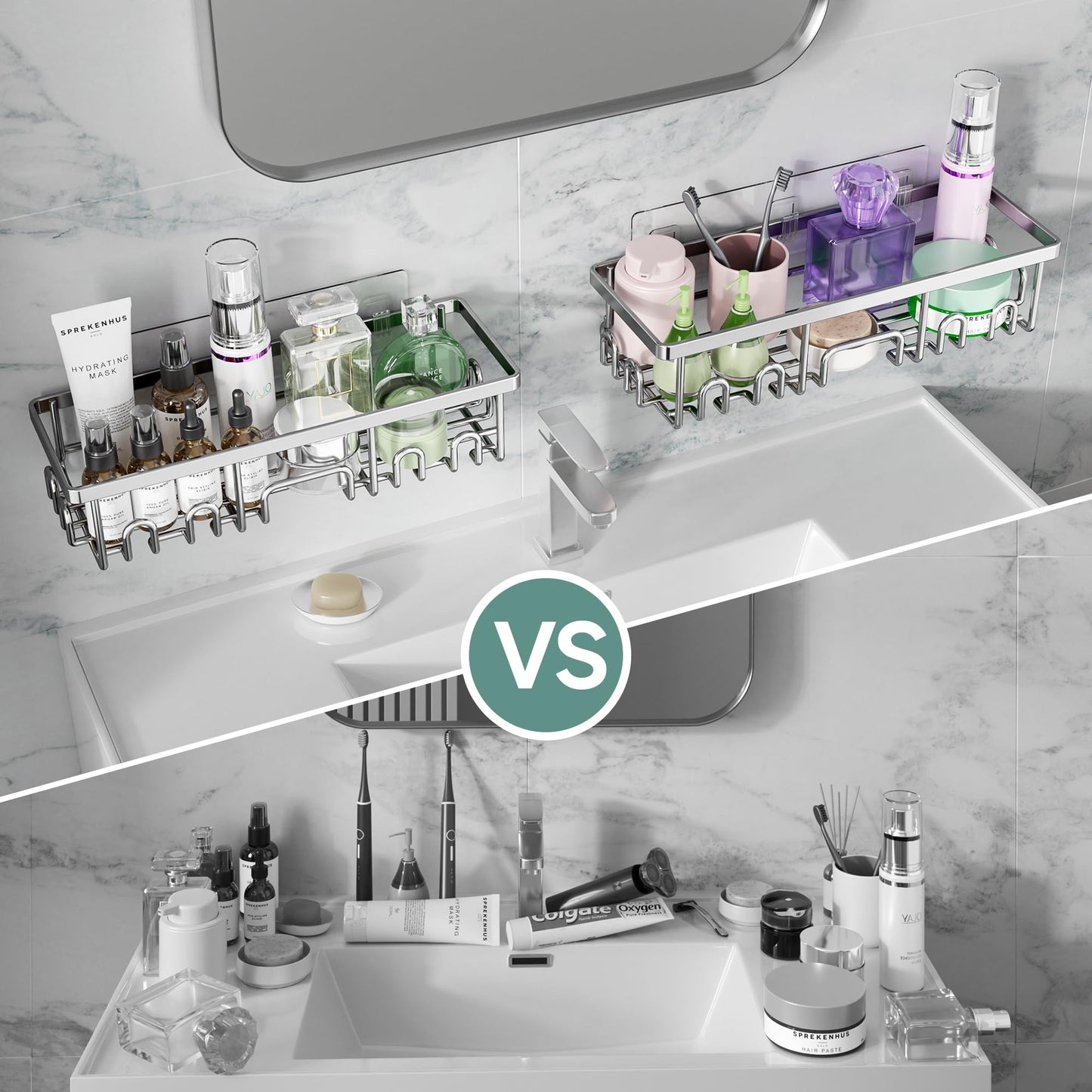 Veken Large Capacity Shower Caddy 3-Pack, No Drilling Adhesive Rack with Soap Holder, Rustproof & Waterproof Shelves, Bathroom Organizers and Storage, Wall-Mounted Kitchen & Home Decor, Silver