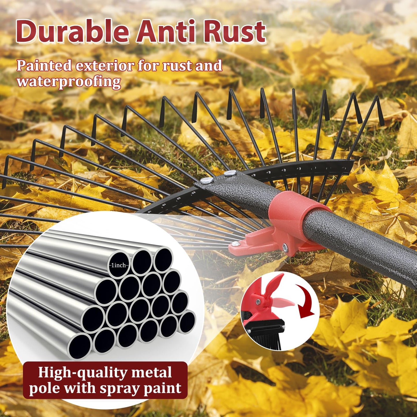 76 Inch Rake for Leaves, Adjustable 18 Metal Tines with Expandable Head Garden Rakes for Lawns Heavy Duty Metal Rake for Leaves Yard Gardening Grass Outdoor Debris