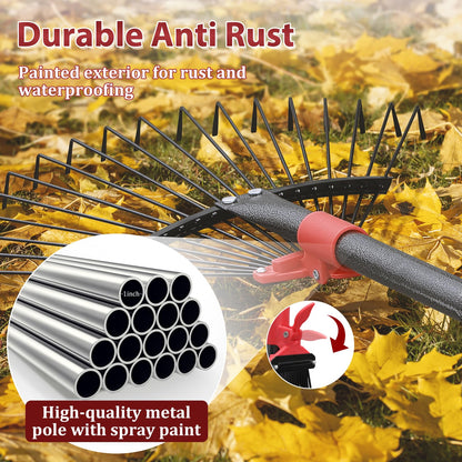 76 Inch Rake for Leaves, Adjustable 18 Metal Tines with Expandable Head Garden Rakes for Lawns Heavy Duty Metal Rake for Leaves Yard Gardening Grass Outdoor Debris