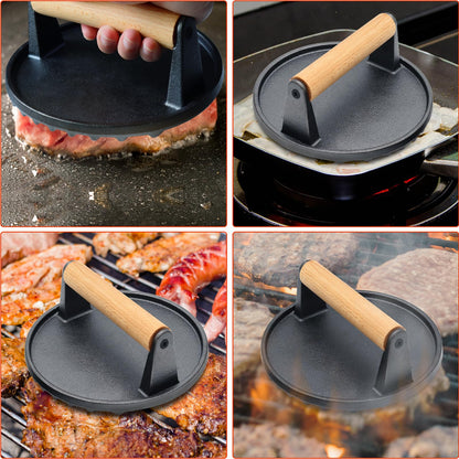 Smash Burger Press, Heavy-Duty Cast Iron Hamburger Grill Press with Heat Resistant Wooden Handle Hamburger Patty Maker Bacon Sandwich Round Meat Press, 7inch