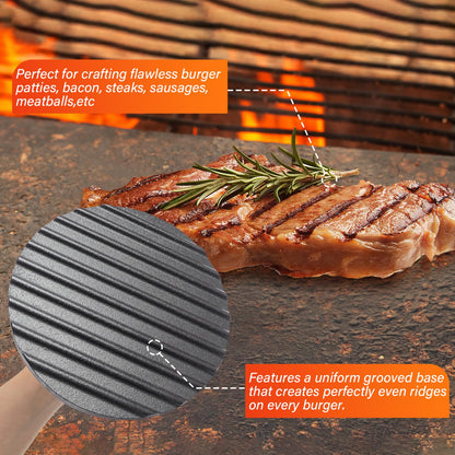 Cast Iron Smash Burger Press Kit, 7" Round Meat Press & 10" Large Spatula, Heavy Duty Hamburger Patty Maker for Griddle, Bacon, Sandwich, Steak, Compatible with Blackstone, Wooden Handle