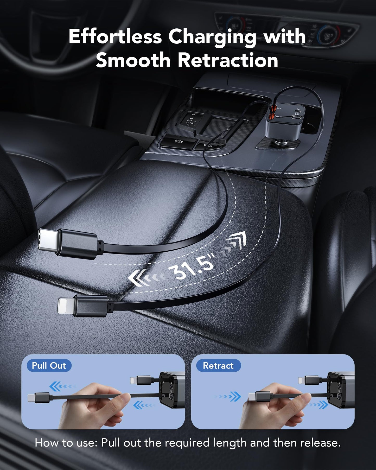 69W Retractable Car Charger, 4-in-1 Fast Car Phone Charger with 2.6ft Two Retractable Cables and USB C+USB A Car Charger Block Cube, Compatible with iPhone 16 15 14 13 12 Pro Max Plus,Galaxy,Pixel