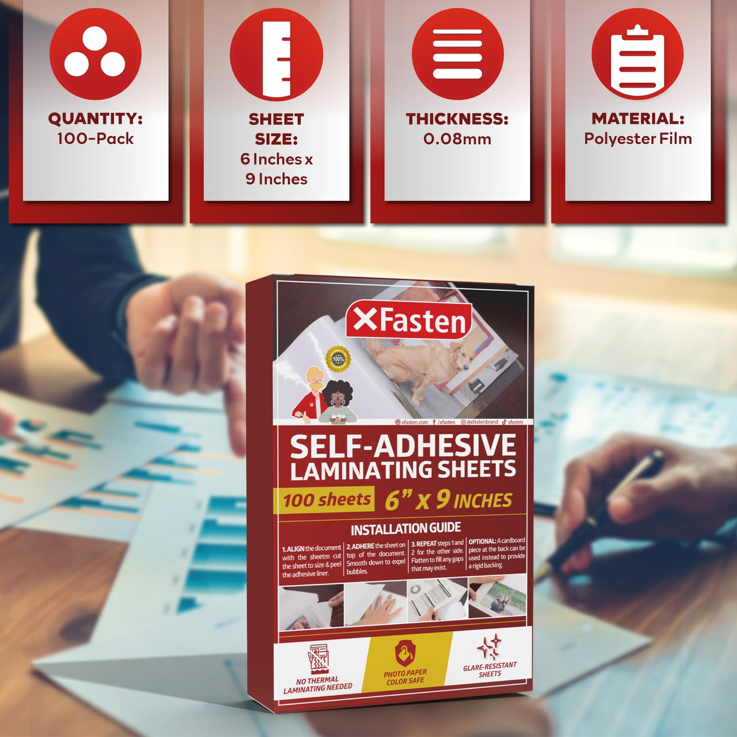 XFasten Self-Adhesive Laminating Sheets, 6 x 9 Inches, Pack of 100, 4.76 mil, Archival Safe and Yellowing Resistant Heavyweight Self Laminating Sheets
