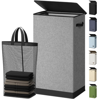 SOLEDI 100L Laundry Basket with Lid Large Laundry Hamper, Clothes Hamper with Laundry Bag Easy to Carry, Collapsible Storage Bins for Bedroom, Bathroom, Dorm, Apartment, College, Wardrobe, Grey