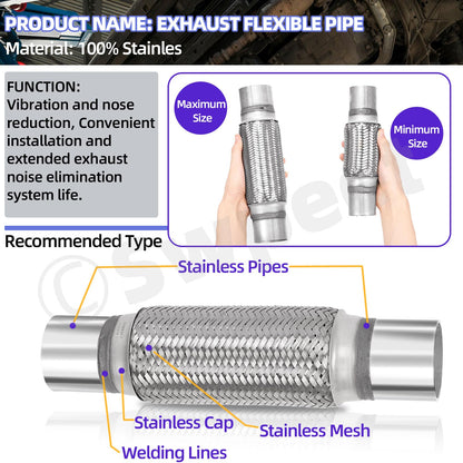Swpeet 3Pcs 2.5 x 6 Inches Exhaust Flex Pipe with 2.5 Inches Exhaust U Clamp Kit, Universal Type Stainless Steel Double Braid Zinc Pipes Exhaust Flex Tube Ideal for Heavy Duty and Cars