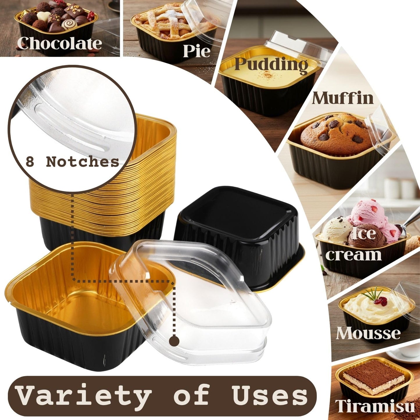 ZEAYEA 100 Pieces Aluminum Foil Baking Cups with Lids, 5.7 oz Disposable Ramekins Cupcake Containers, Square Cupcake Muffin Liners Cups for Party Mother's Day Wedding Christmas Birthday