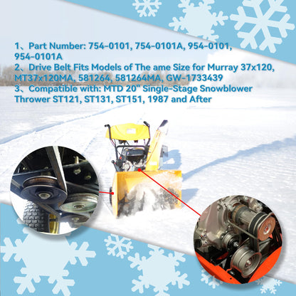 754-0101A 954-0101 Drive Belt 1/2" x 35" Replacement for MTD 20" Single Stage Snow Thrower 1987 and Newer (1 Pack)