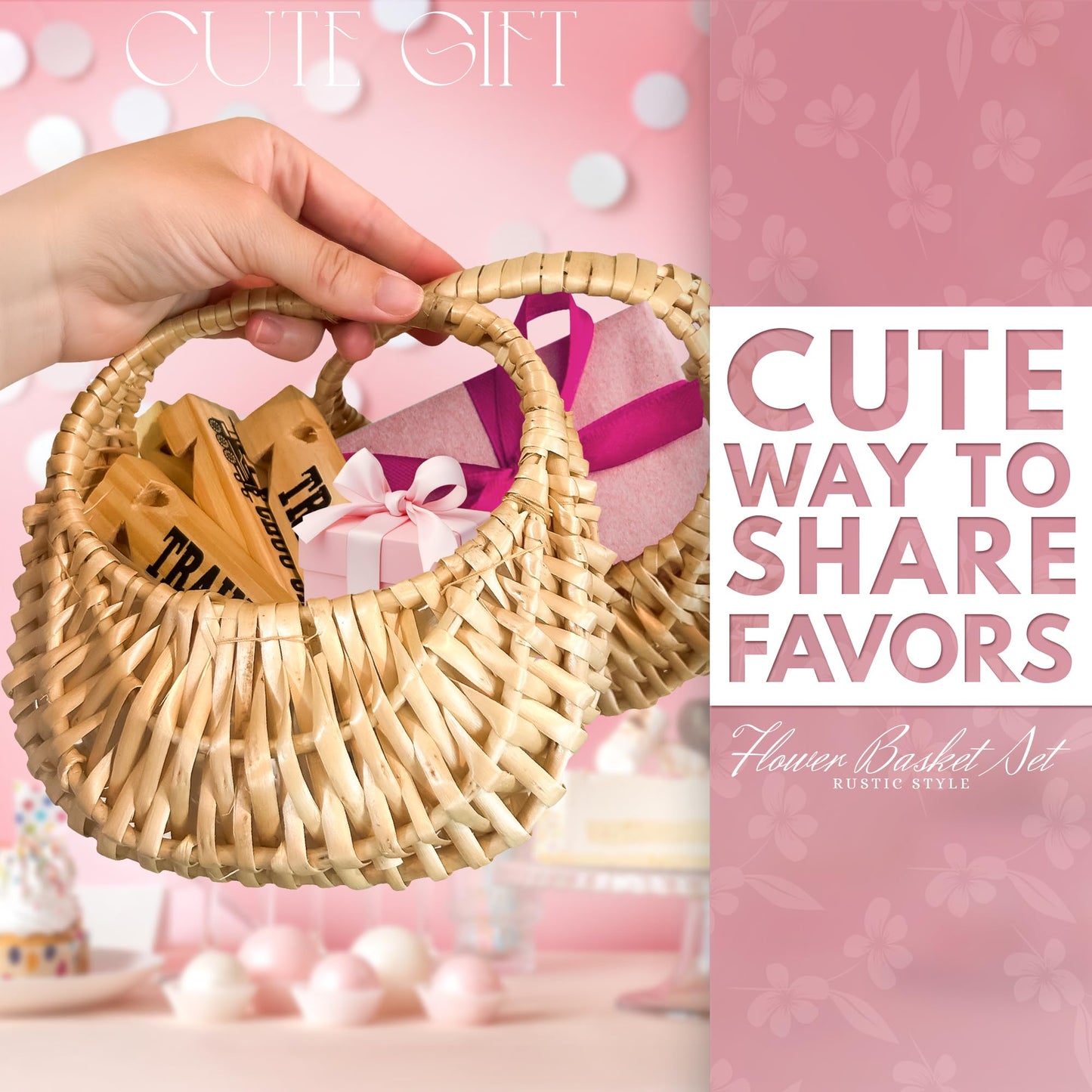 Small Flower Girl Basket Set of 2 - Small Wicker Basket with Handle and Waterproof Lining 6.3" x 5.12" x 3.75" - Tiny Easter Baskets with Rattan Design for Flowers, Sweets, Gifts, Home Decor & Storage