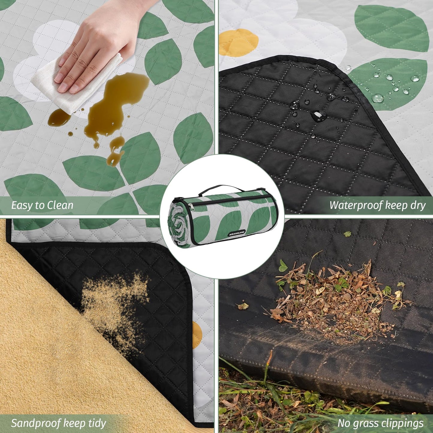 WICKERLAND Picnic Blankets Extra Large - Beach Blanket Waterproof Sandproof with Shoulder Strap, Machine Washable, Outdoor Blanket with Stakes for Grass Concert, Park, Lawn,Travel,Spring Summer.Green