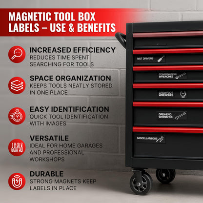 90 Pcs Magnetic Tool Box Labels 3.5x1 inch - Magnetic Toolbox Labels for Tool Box Drawers Strong Magnet Toolbox Organizer Chest Black Pre-Printed & Blanked Emblems for Organization - Toolbox Emblems